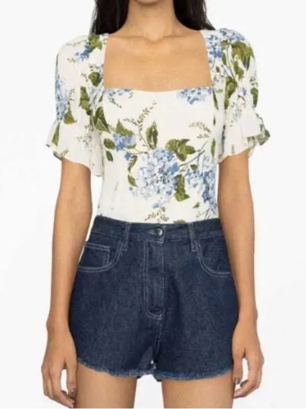 Reformation Constance Floral Print Puff Sleeve Top White Blue Green Size 0